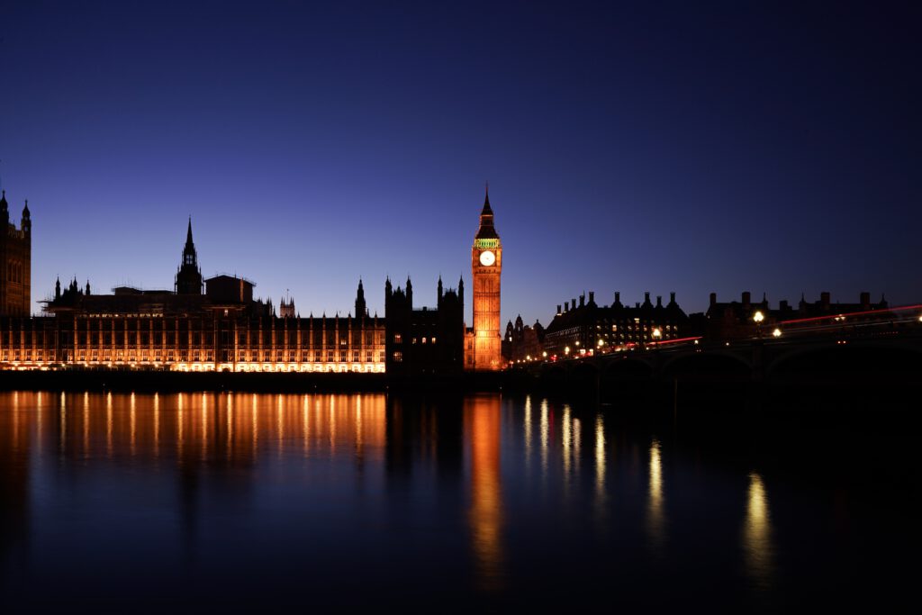 The Houses of Parliament at night. Voting on the Economic Crime Bill took place on the night of 4 September 2023.