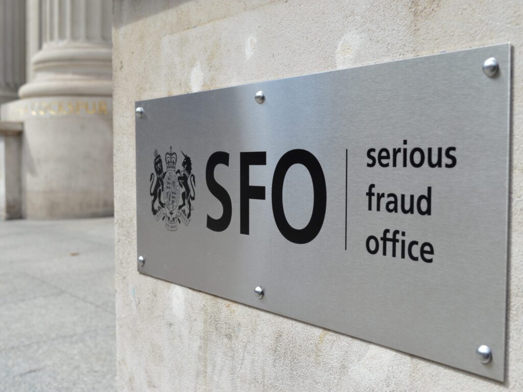 Sign identifying the offices of the Serious Fraud Office (SFO) headquarters