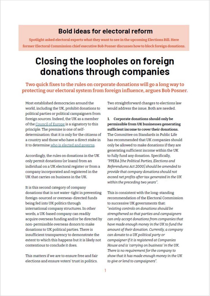 Cover of a paper titled: "Bold ideas for electoral reform: Closing the loopholes on foreign
donations through companies"