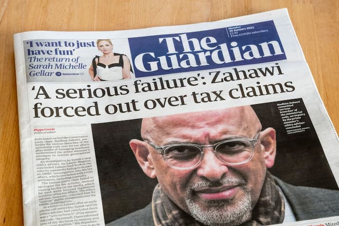 Headline on the Guardian newspaper reads: 'A serious failure': Zahawi forced out over tax claims. Used to illustrate an article about the SLAPPs case SRA v Hurst